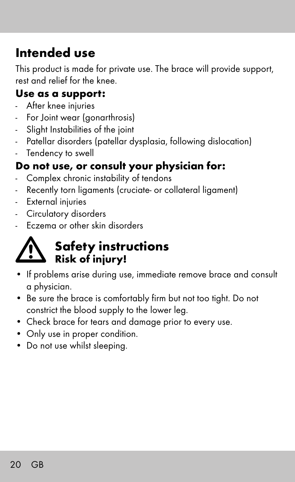 Intended use, Safety instructions | Sensiplast Knee Brace / Genu-Active User Manual | Page 20 / 24