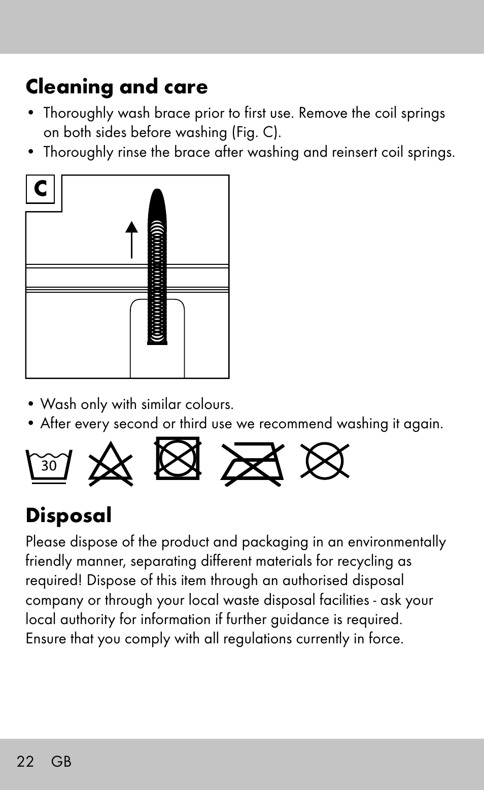 Cleaning and care, Disposal | Sensiplast Knee Brace / Genu-Active User Manual | Page 22 / 24