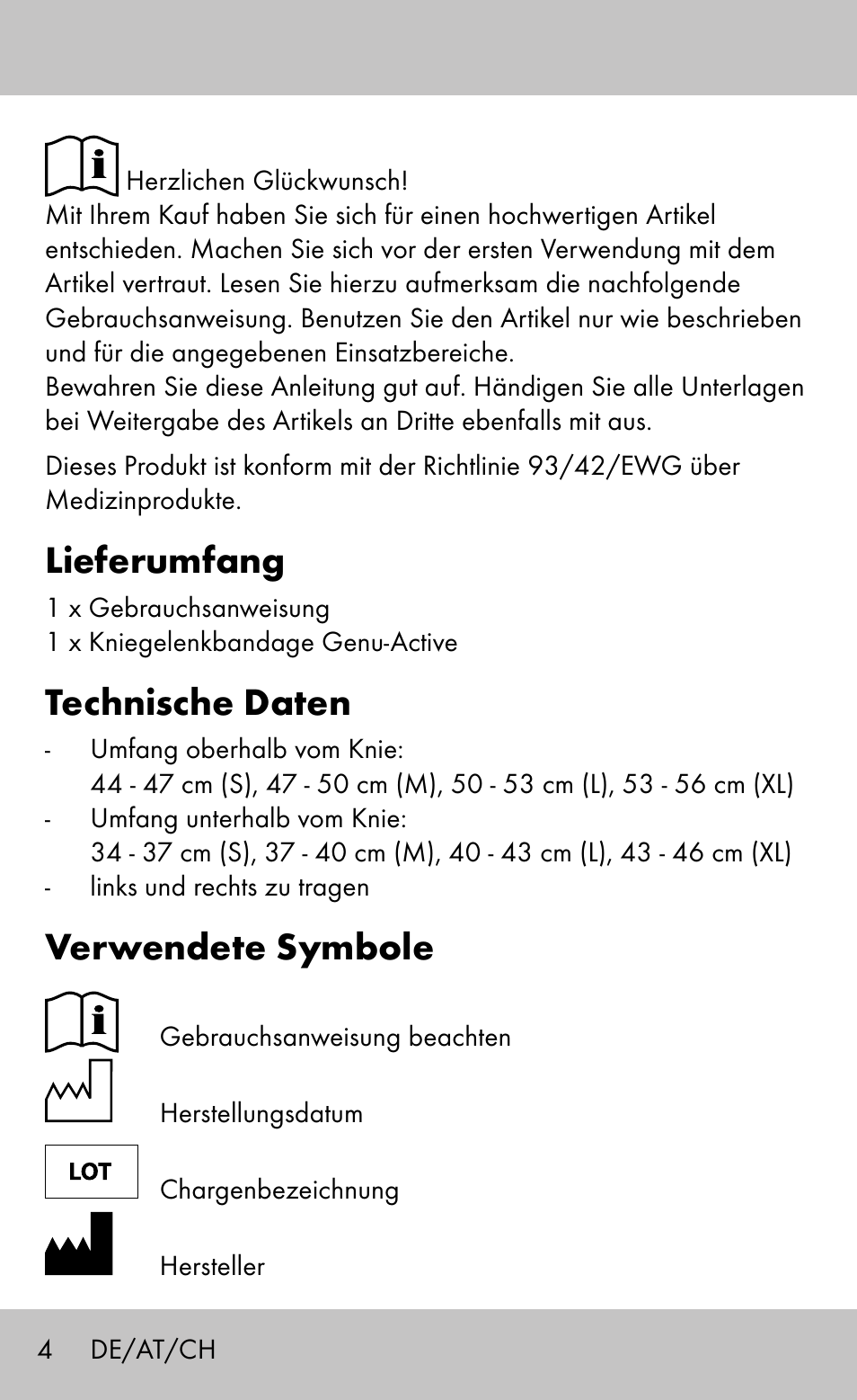 Lieferumfang, Technische daten, Verwendete symbole | Sensiplast Knee Brace / Genu-Active User Manual | Page 4 / 24