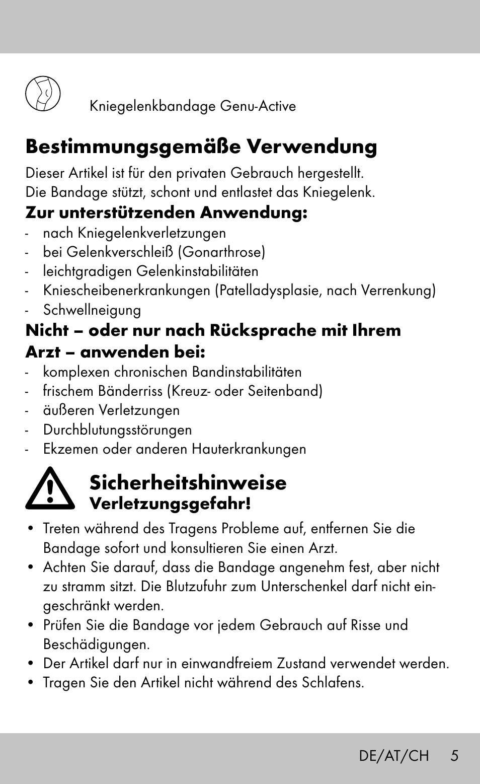 Bestimmungsgemäße verwendung, Sicherheitshinweise | Sensiplast Knee Brace / Genu-Active User Manual | Page 5 / 24