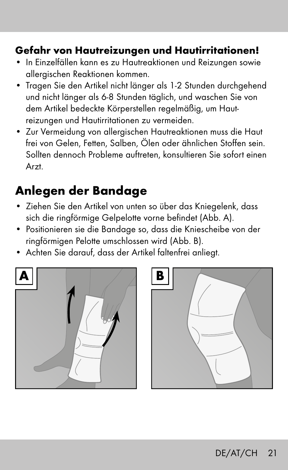 Anlegen der bandage | Sensiplast Knee Brace / Genu-Active User Manual | Page 21 / 24