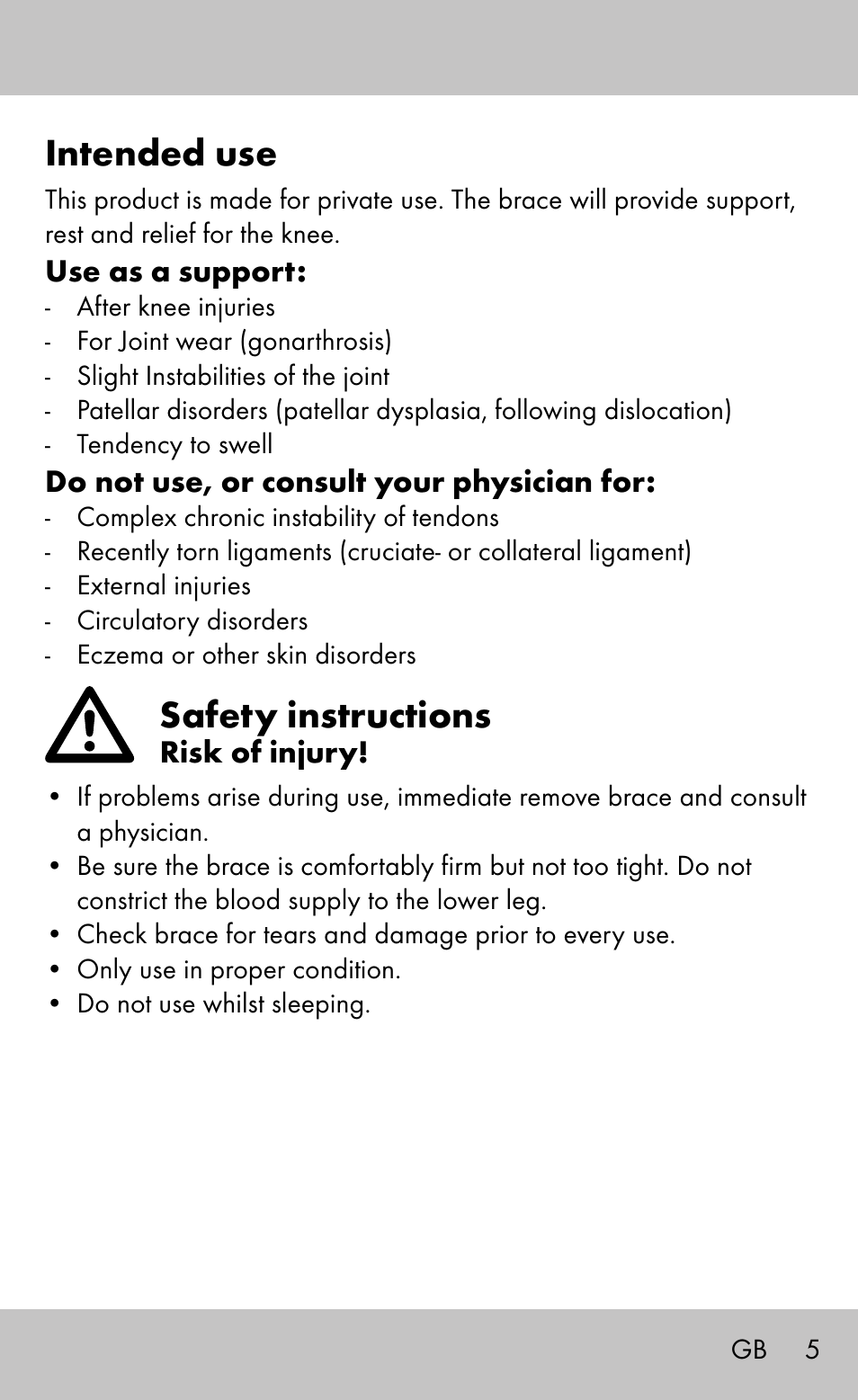 Intended use, Safety instructions | Sensiplast Knee Brace / Genu-Active User Manual | Page 5 / 24
