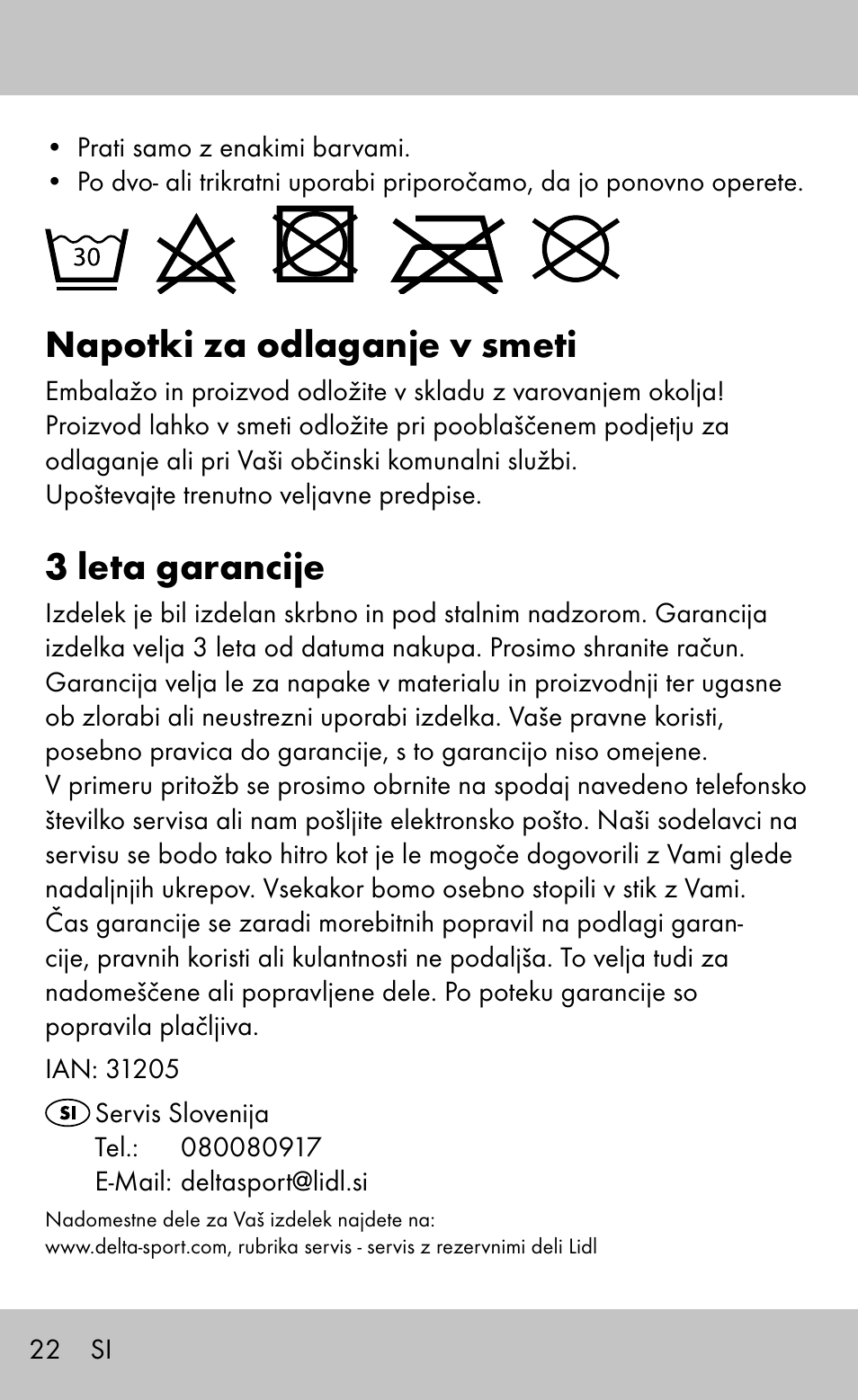 Napotki za odlaganje v smeti, 3 leta garancije | Sensiplast Knee Brace / Genu-Active User Manual | Page 22 / 32