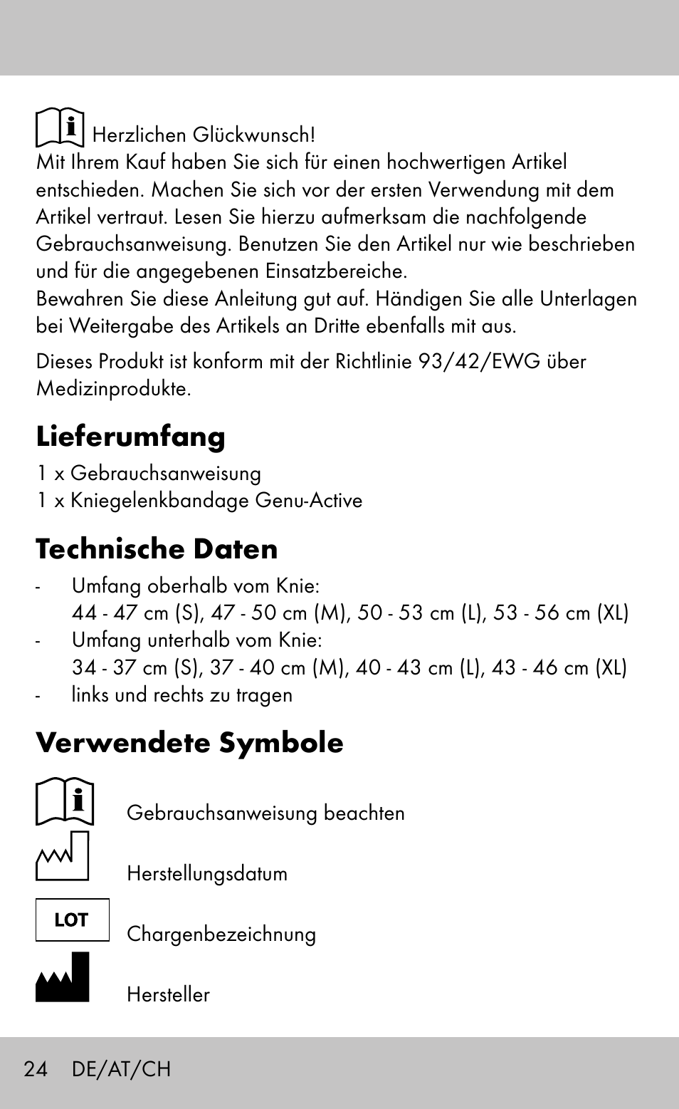 Lieferumfang, Technische daten, Verwendete symbole | Sensiplast Knee Brace / Genu-Active User Manual | Page 24 / 32