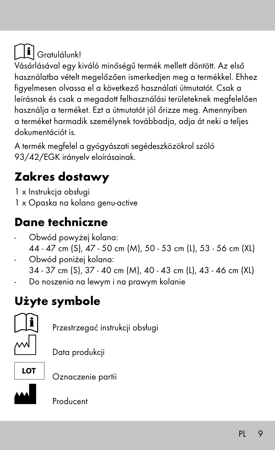 Zakres dostawy, Dane techniczne, Użyte symbole | Sensiplast Knee Brace / Genu-Active User Manual | Page 9 / 32