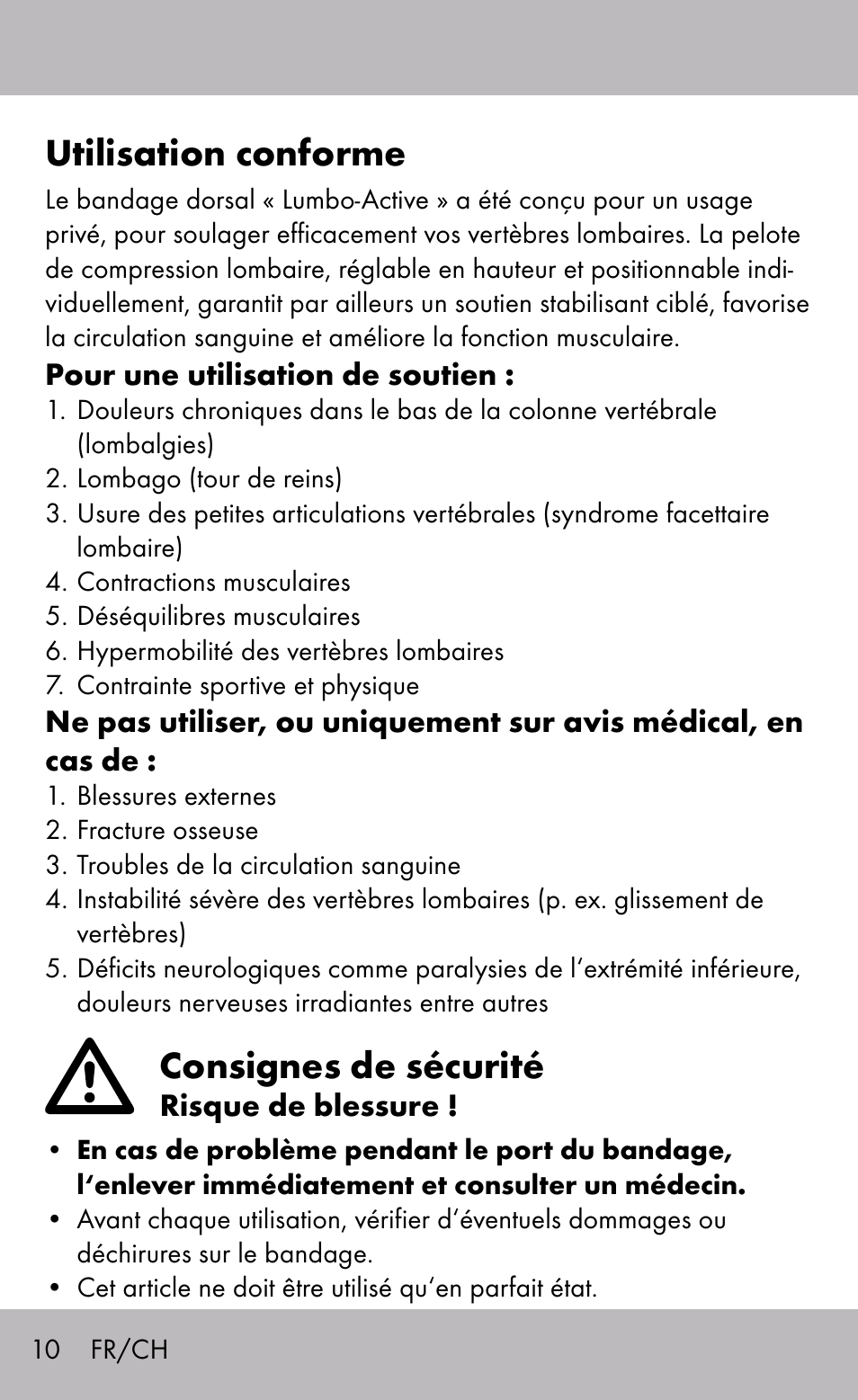 Utilisation conforme, Consignes de sécurité | Sensiplast Back Brace / Lumbo-Active User Manual | Page 10 / 24