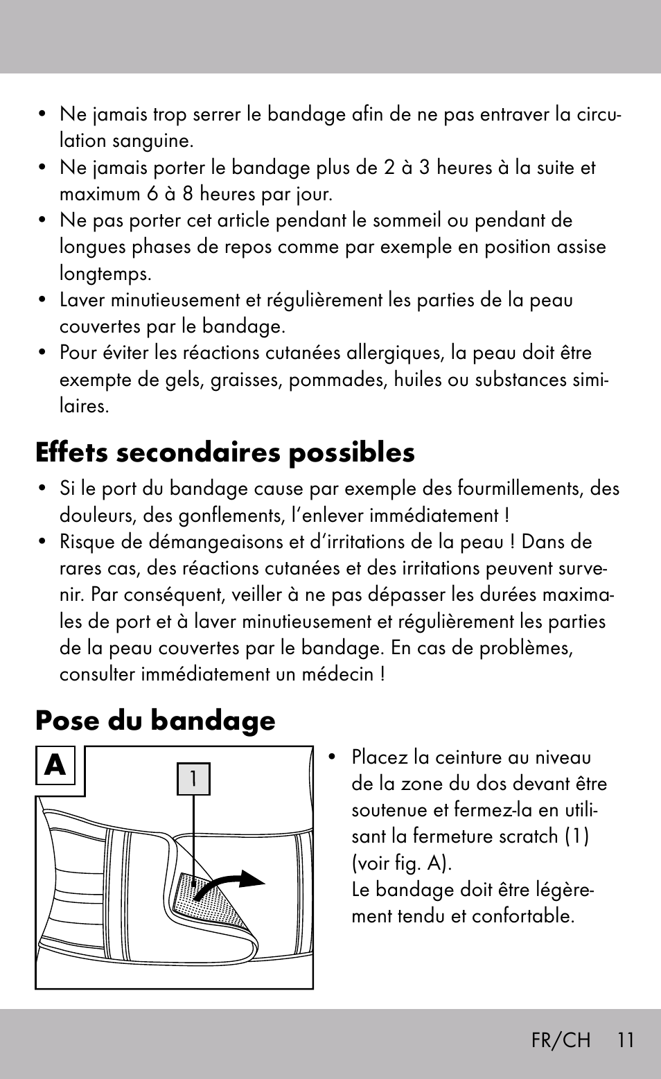 Effets secondaires possibles, Pose du bandage | Sensiplast Back Brace / Lumbo-Active User Manual | Page 11 / 24