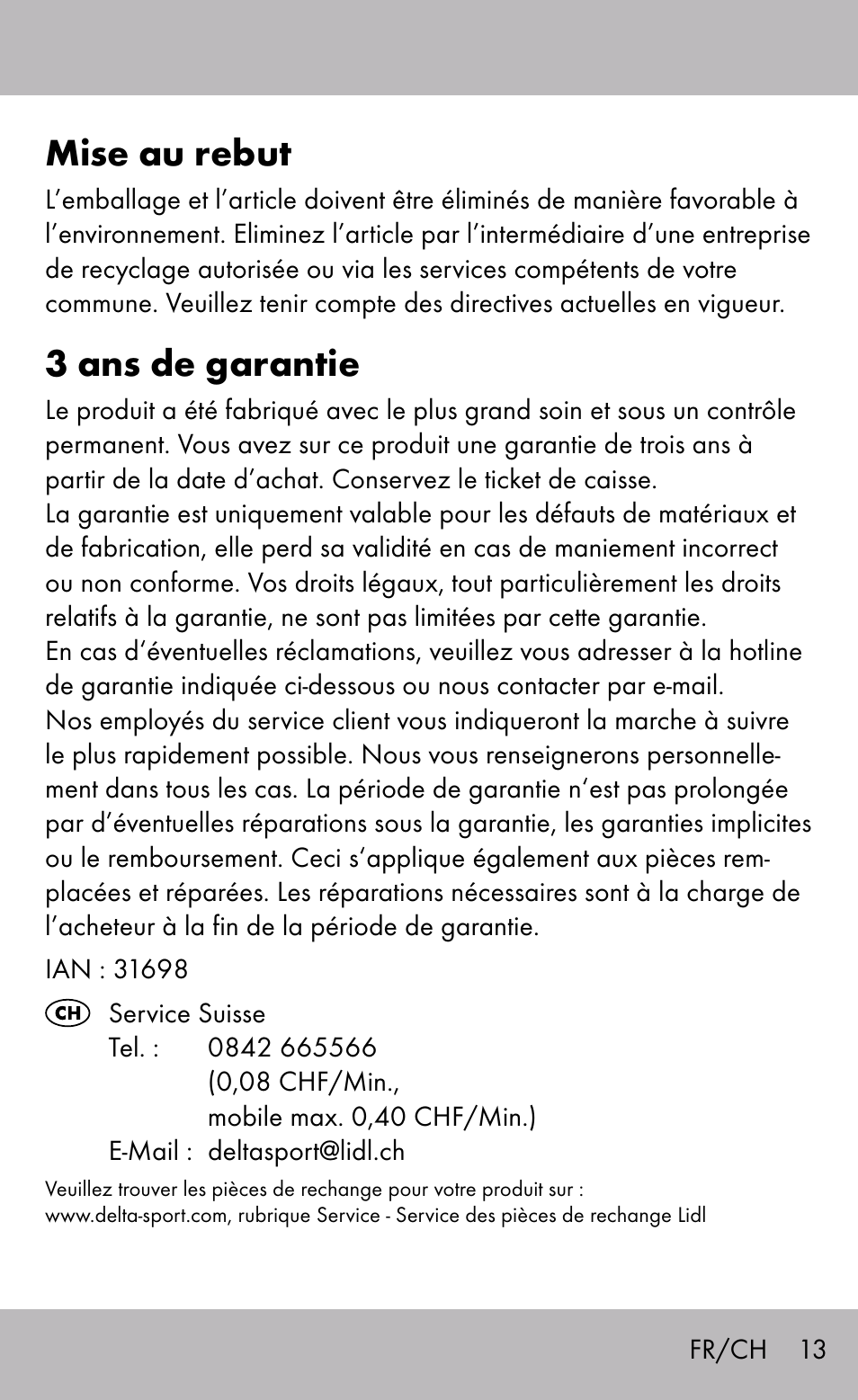 Mise au rebut, 3 ans de garantie | Sensiplast Back Brace / Lumbo-Active User Manual | Page 13 / 24