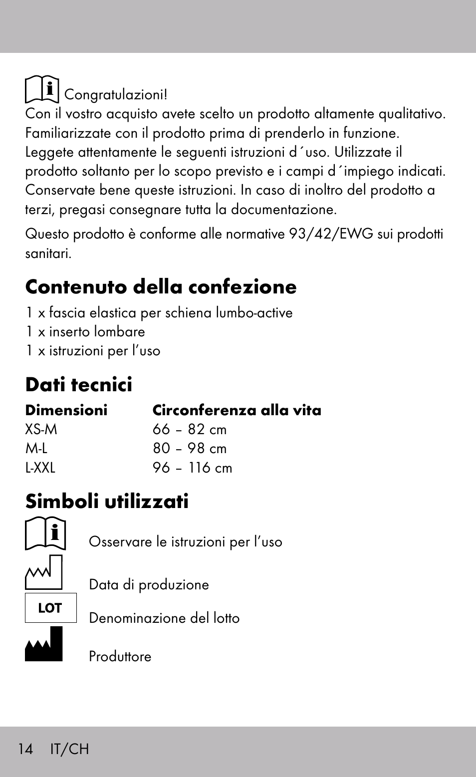 Contenuto della confezione, Dati tecnici, Simboli utilizzati | Sensiplast Back Brace / Lumbo-Active User Manual | Page 14 / 24