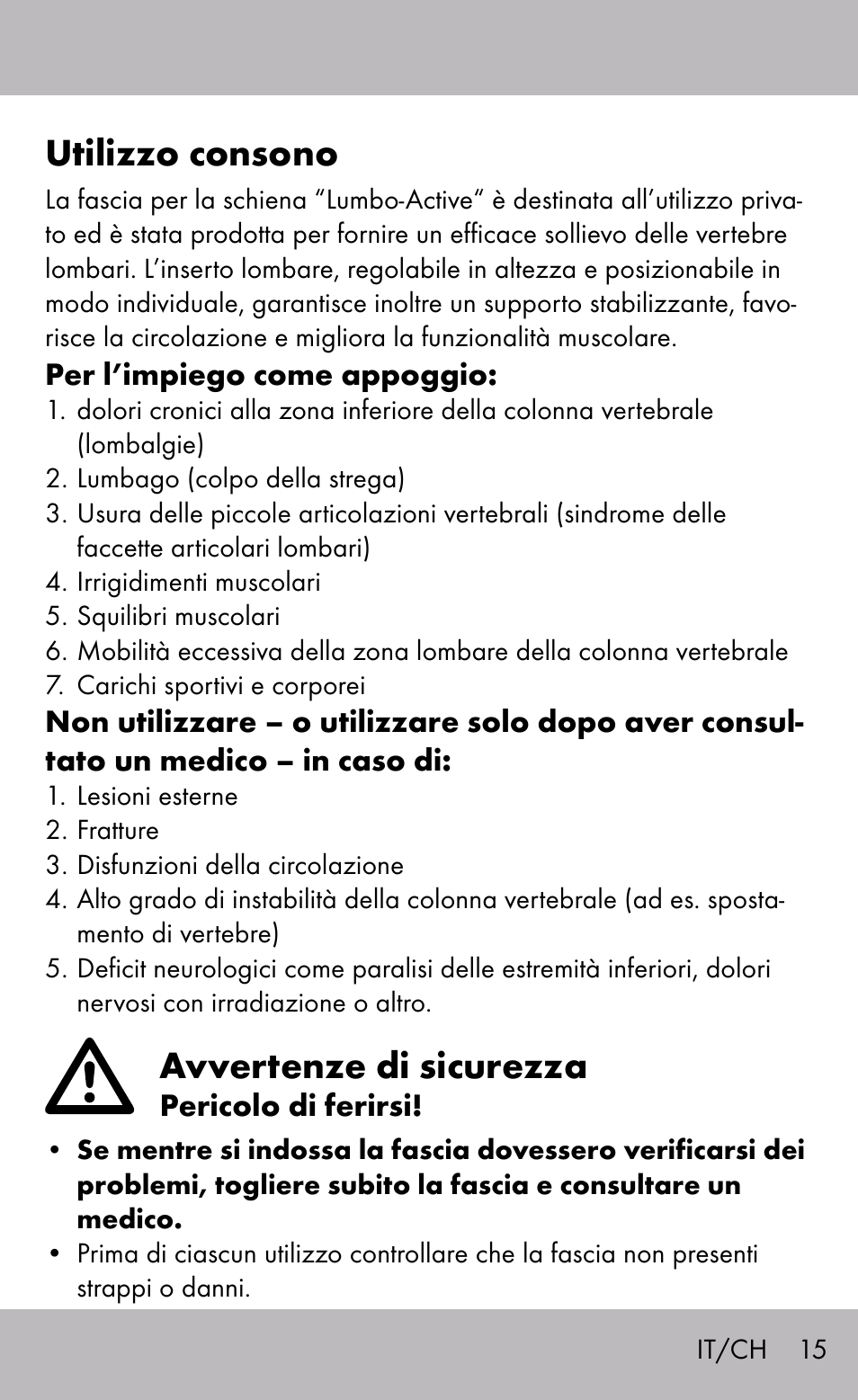 Utilizzo consono, Avvertenze di sicurezza | Sensiplast Back Brace / Lumbo-Active User Manual | Page 15 / 24