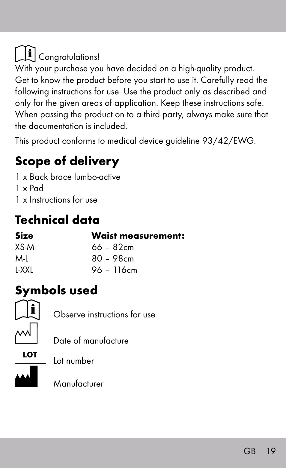 Scope of delivery, Technical data, Symbols used | Sensiplast Back Brace / Lumbo-Active User Manual | Page 19 / 24