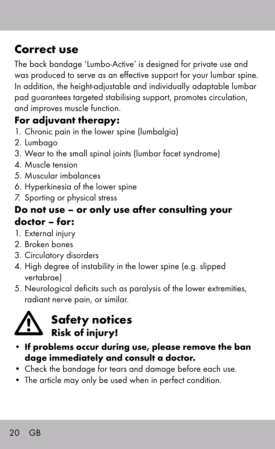 Correct use, Safety notices | Sensiplast Back Brace / Lumbo-Active User Manual | Page 20 / 24