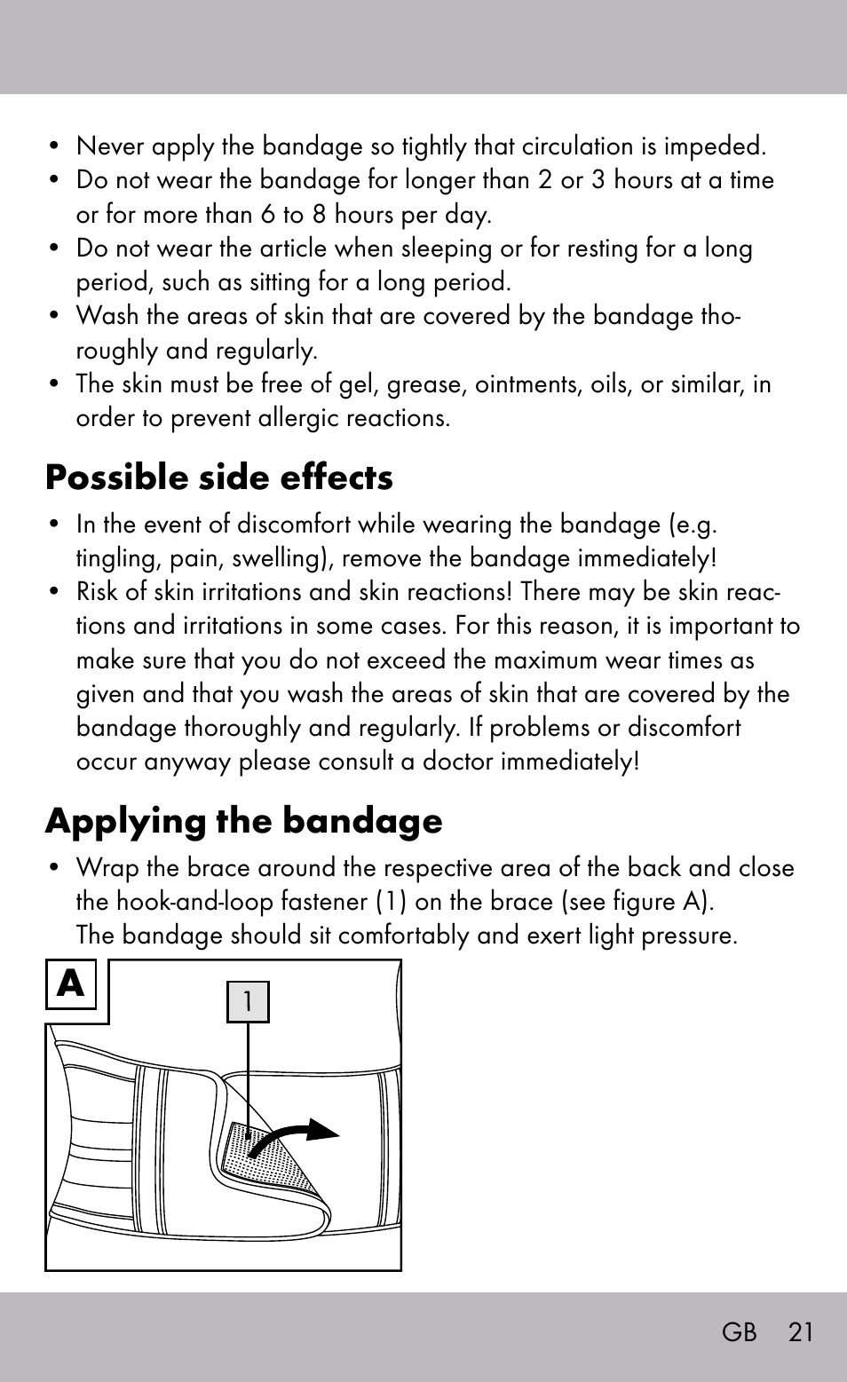 Possible side effects, Applying the bandage | Sensiplast Back Brace / Lumbo-Active User Manual | Page 21 / 24