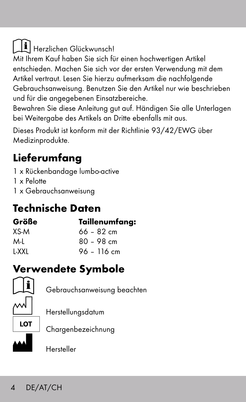 Lieferumfang, Technische daten, Verwendete symbole | Sensiplast Back Brace / Lumbo-Active User Manual | Page 4 / 24