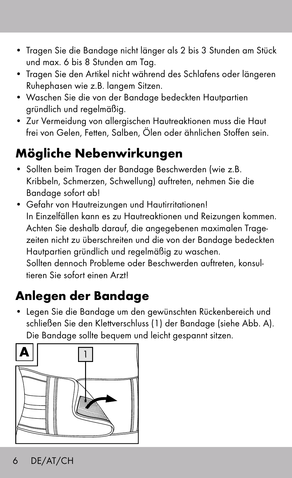 Mögliche nebenwirkungen, Anlegen der bandage | Sensiplast Back Brace / Lumbo-Active User Manual | Page 6 / 24