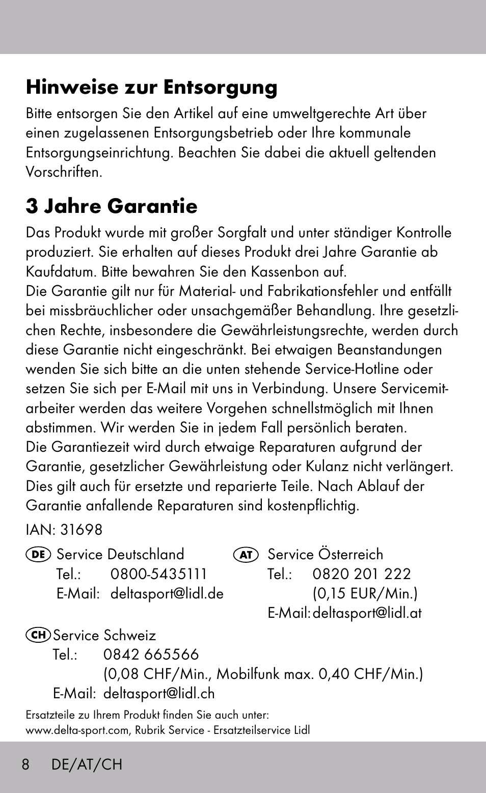 Hinweise zur entsorgung, 3 jahre garantie | Sensiplast Back Brace / Lumbo-Active User Manual | Page 8 / 24