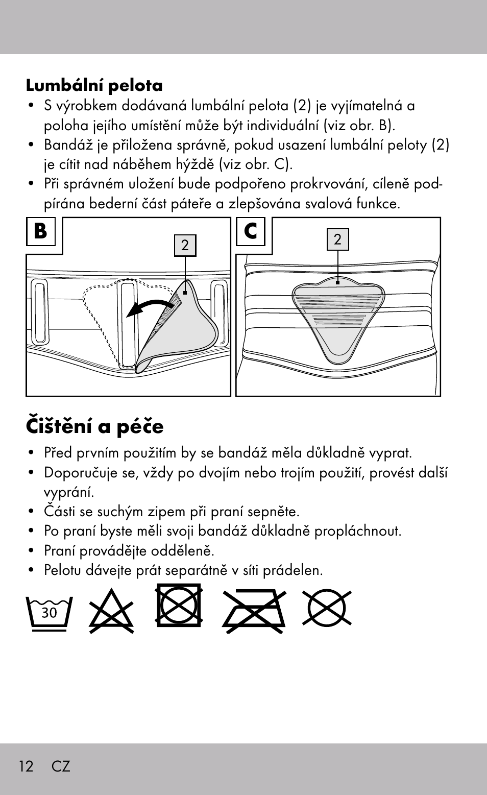 Čištění a péče | Sensiplast Back Brace / Lumbo-Active User Manual | Page 12 / 24