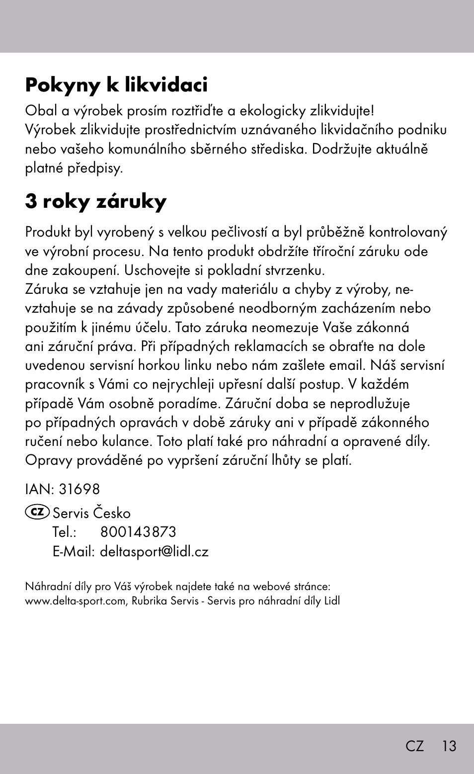 Pokyny k likvidaci, 3 roky záruky | Sensiplast Back Brace / Lumbo-Active User Manual | Page 13 / 24