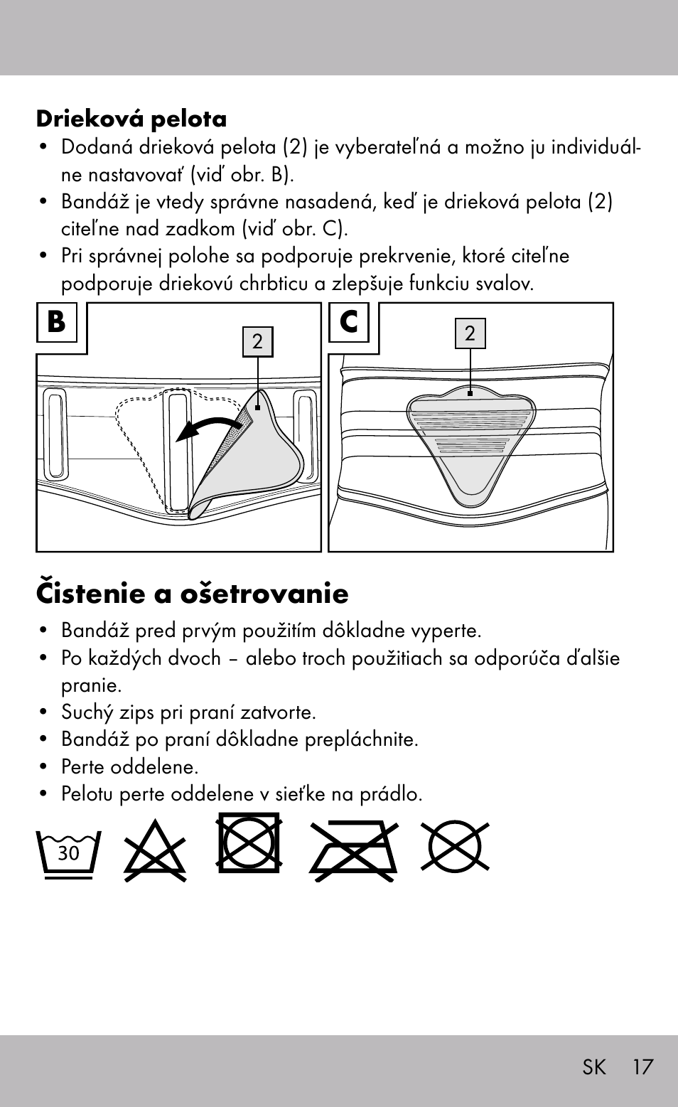 Čistenie a ošetrovanie | Sensiplast Back Brace / Lumbo-Active User Manual | Page 17 / 24