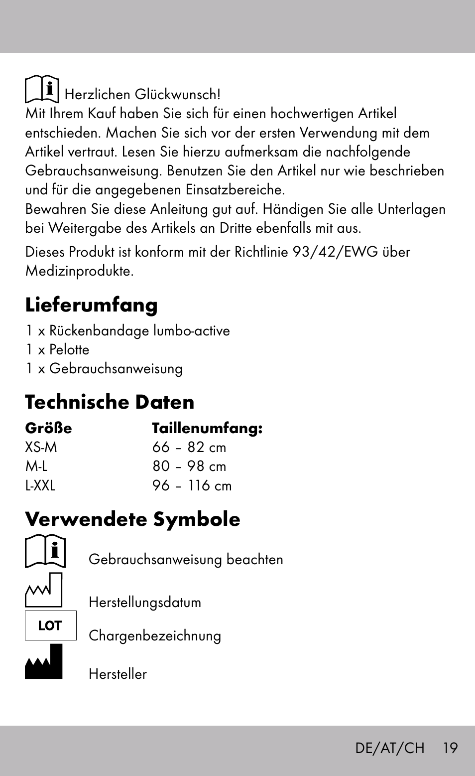 Lieferumfang, Technische daten, Verwendete symbole | Sensiplast Back Brace / Lumbo-Active User Manual | Page 19 / 24