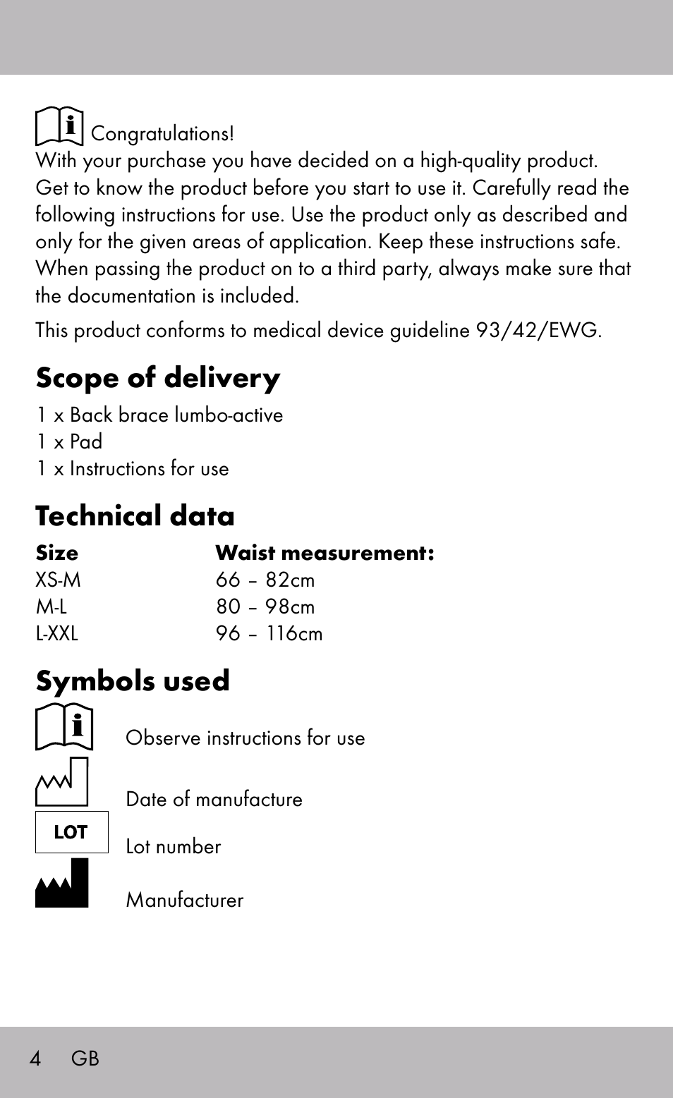 Scope of delivery, Technical data, Symbols used | Sensiplast Back Brace / Lumbo-Active User Manual | Page 4 / 24