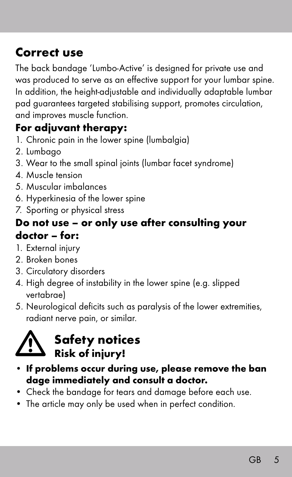 Correct use, Safety notices | Sensiplast Back Brace / Lumbo-Active User Manual | Page 5 / 24