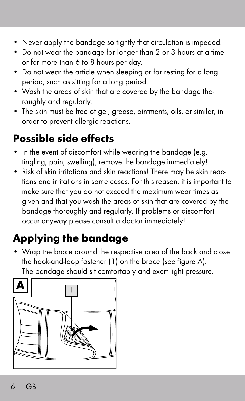 Possible side effects, Applying the bandage | Sensiplast Back Brace / Lumbo-Active User Manual | Page 6 / 24