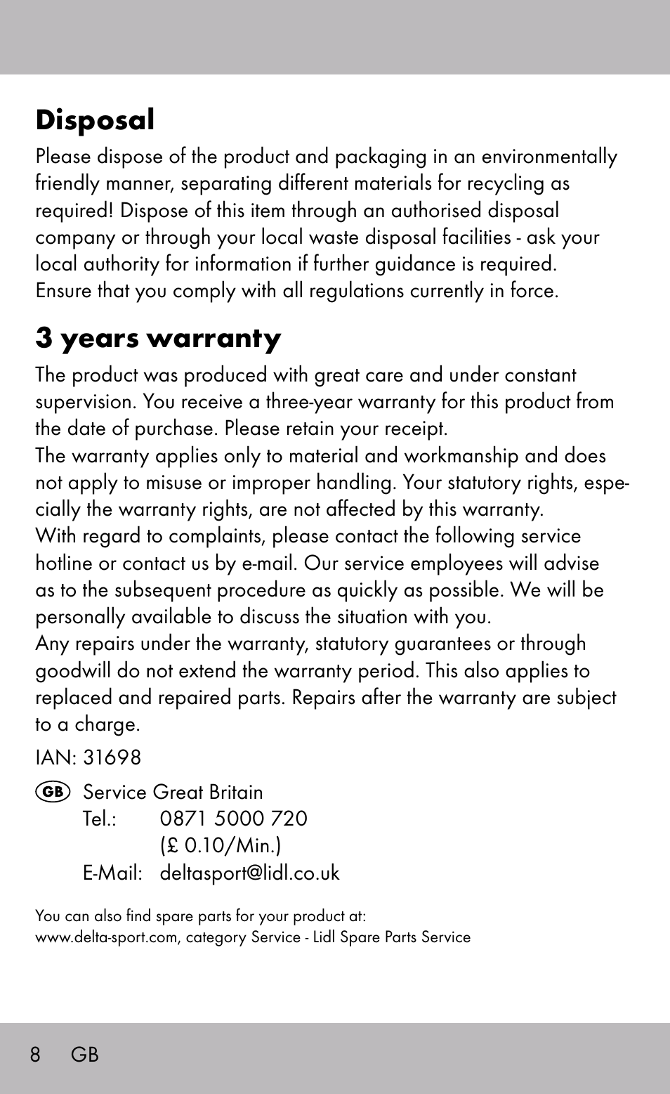 Disposal, 3 years warranty | Sensiplast Back Brace / Lumbo-Active User Manual | Page 8 / 24