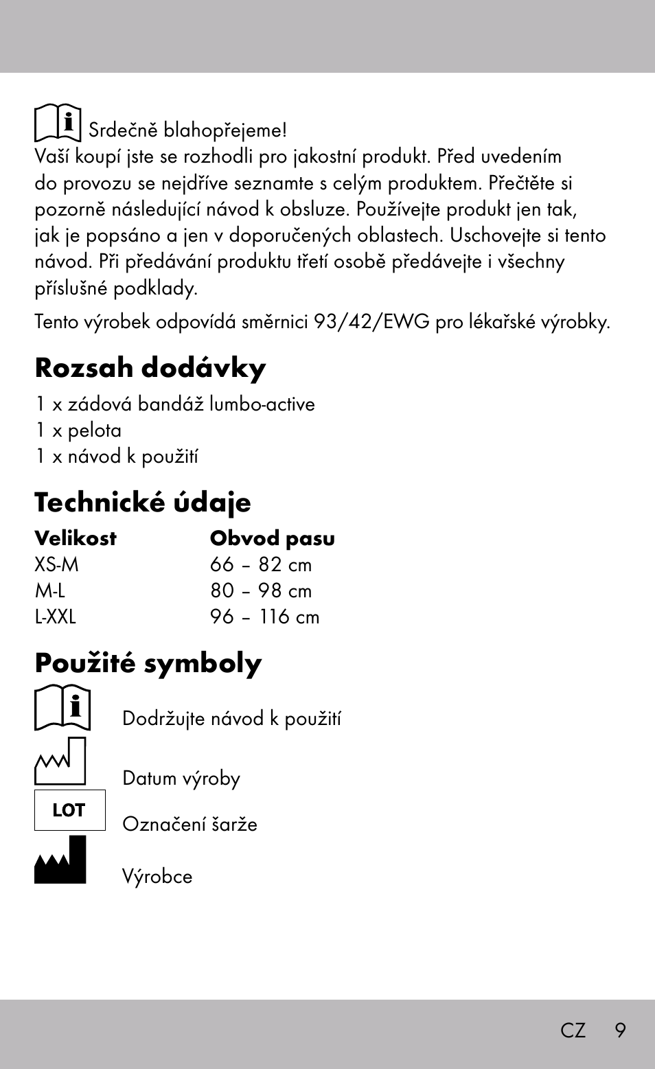 Rozsah dodávky, Technické údaje, Použité symboly | Sensiplast Back Brace / Lumbo-Active User Manual | Page 9 / 24