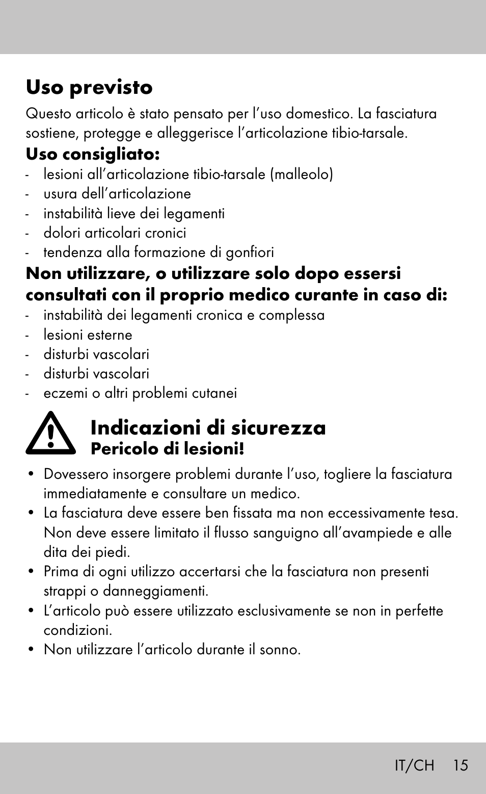 Uso previsto, Indicazioni di sicurezza | Sensiplast Ankle Brace Malleo Active User Manual | Page 15 / 24