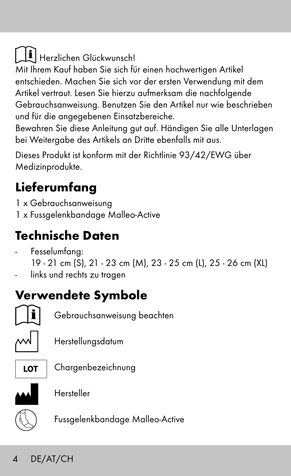 Lieferumfang, Technische daten, Verwendete symbole | Sensiplast Ankle Brace Malleo Active User Manual | Page 4 / 24