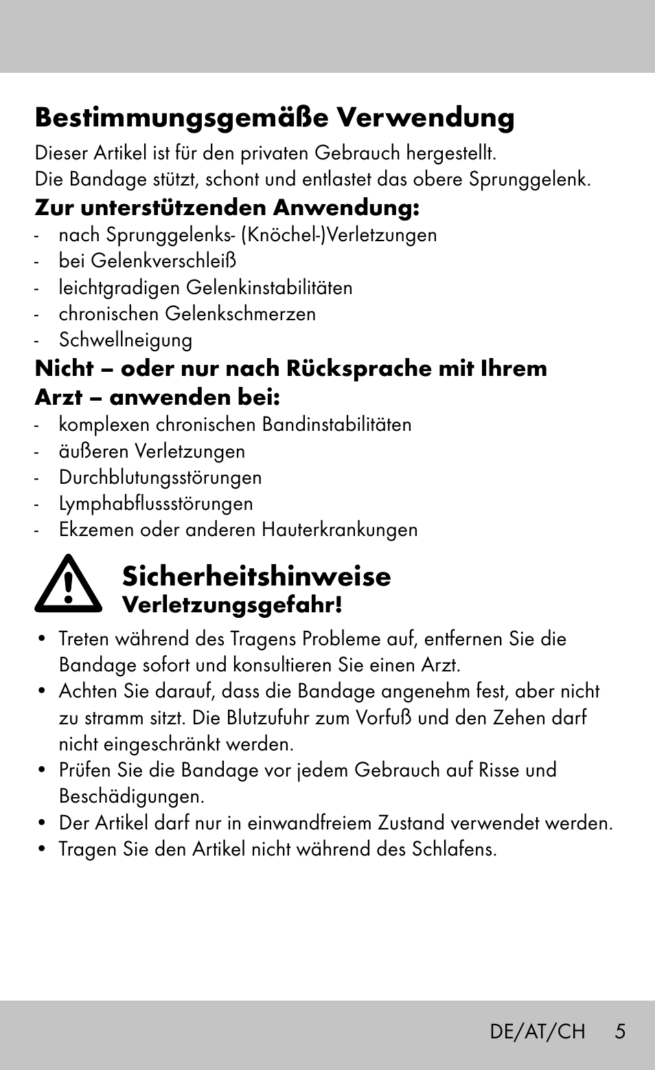 Bestimmungsgemäße verwendung, Sicherheitshinweise | Sensiplast Ankle Brace Malleo Active User Manual | Page 5 / 24