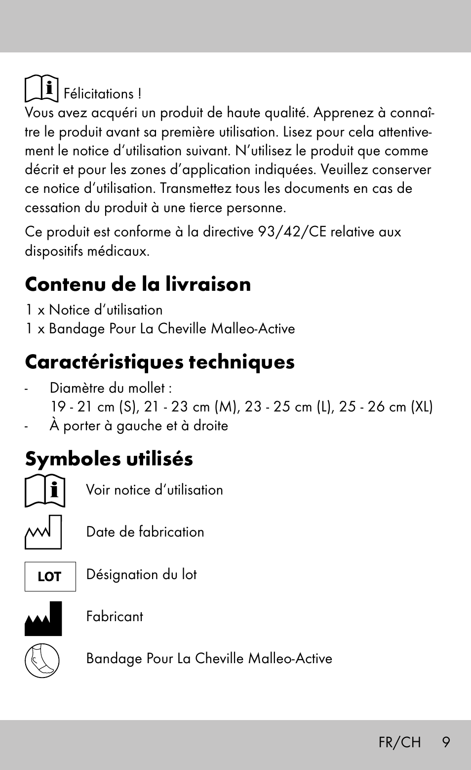 Contenu de la livraison, Caractéristiques techniques, Symboles utilisés | Sensiplast Ankle Brace Malleo Active User Manual | Page 9 / 24