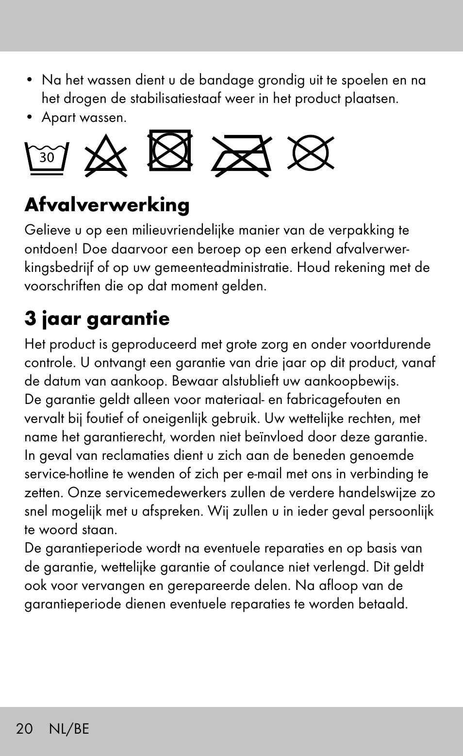 Afvalverwerking, 3 jaar garantie | Sensiplast Wrist Brace / Manu Active User Manual | Page 20 / 28