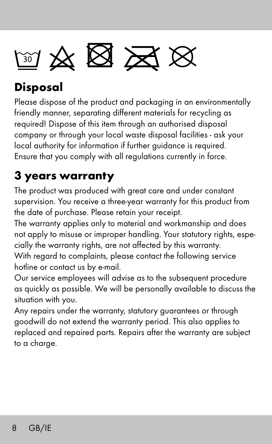 Disposal, 3 years warranty | Sensiplast Wrist Brace / Manu Active User Manual | Page 8 / 28