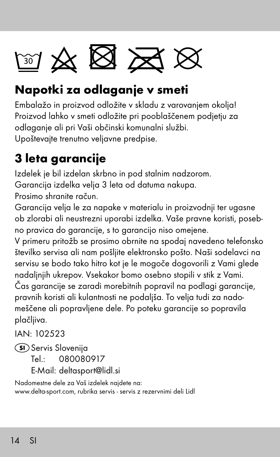 Napotki za odlaganje v smeti, 3 leta garancije | Sensiplast Wrist Brace / Manu Active User Manual | Page 14 / 36