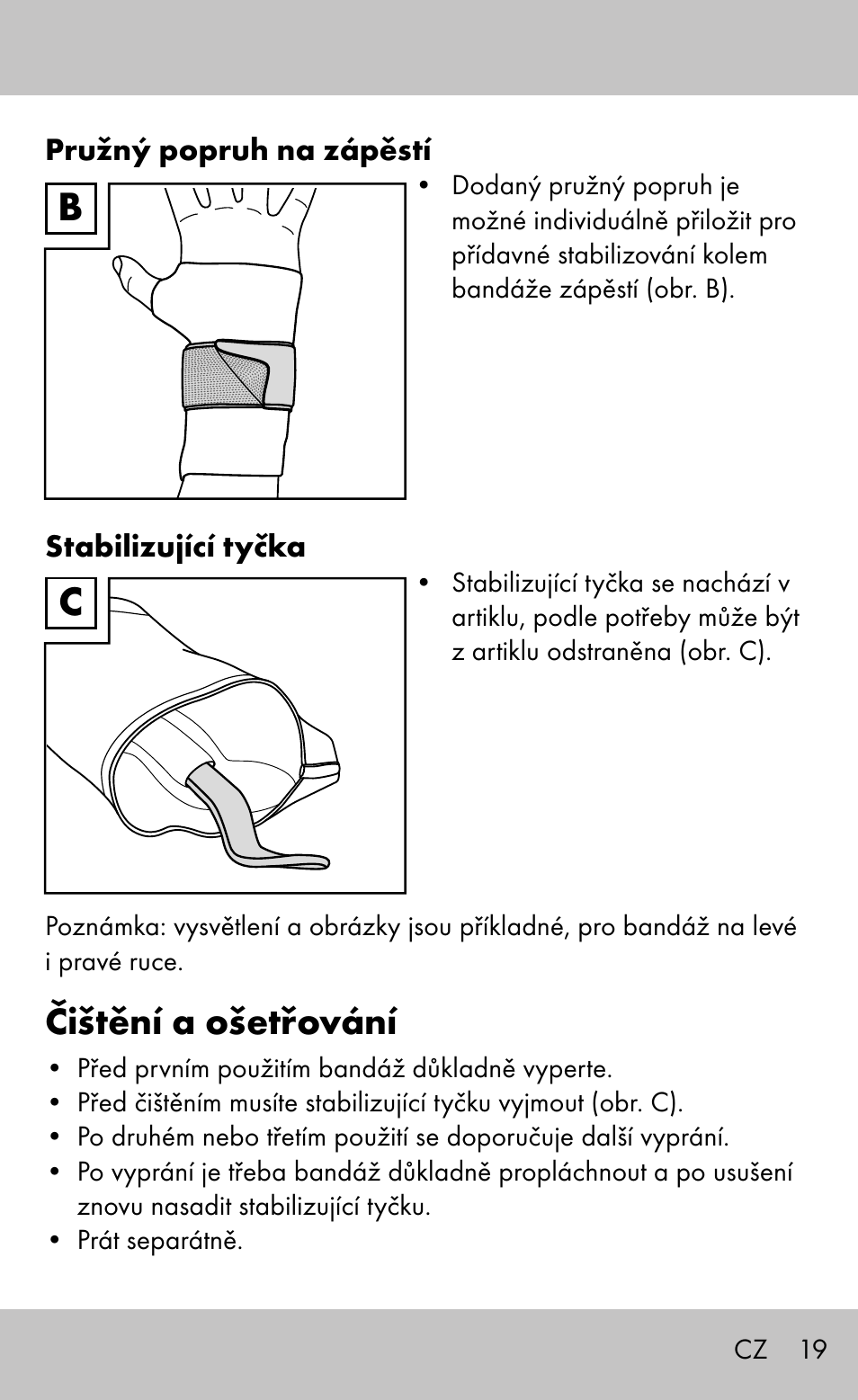 Čištění a ošetřování | Sensiplast Wrist Brace / Manu Active User Manual | Page 19 / 36