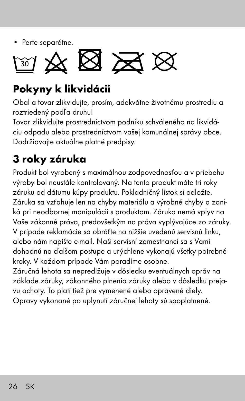 Pokyny k likvidácii, 3 roky záruka | Sensiplast Wrist Brace / Manu Active User Manual | Page 26 / 36