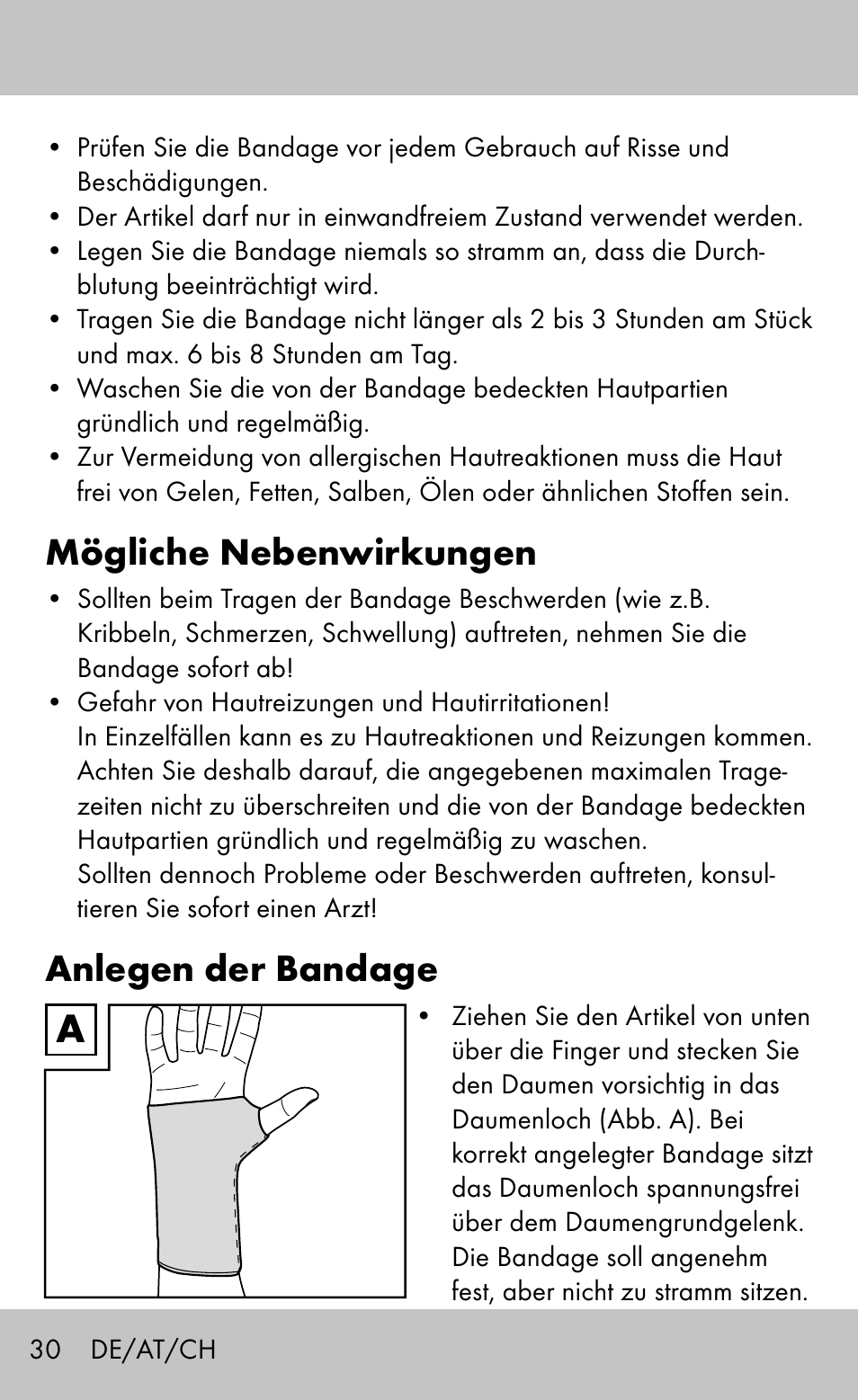 Mögliche nebenwirkungen, Anlegen der bandage | Sensiplast Wrist Brace / Manu Active User Manual | Page 30 / 36