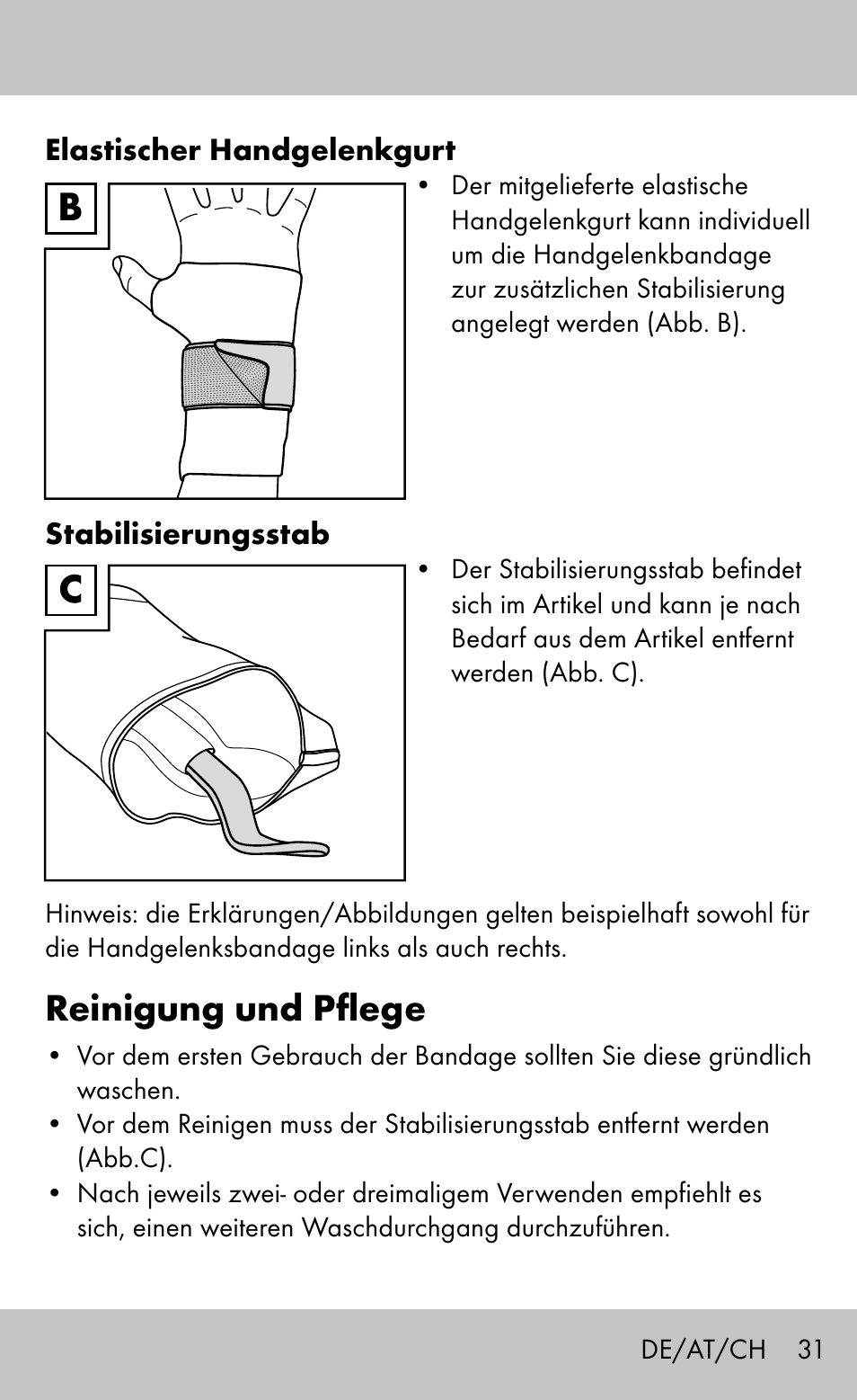 Reinigung und pflege | Sensiplast Wrist Brace / Manu Active User Manual | Page 31 / 36