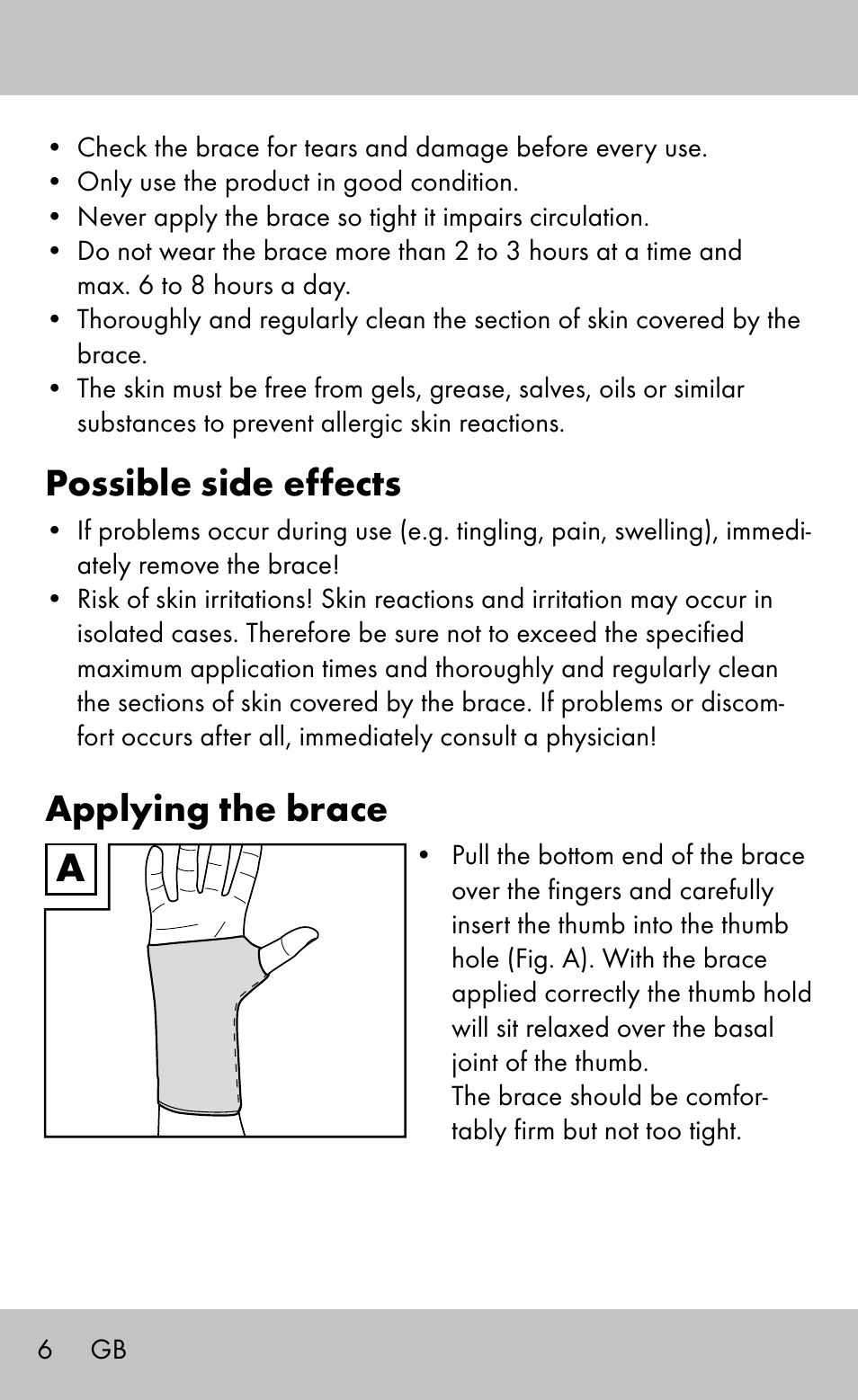 Possible side effects, Applying the brace | Sensiplast Wrist Brace / Manu Active User Manual | Page 6 / 36