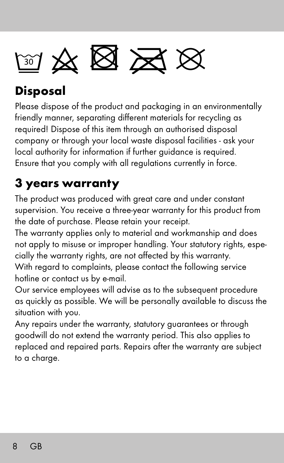 Disposal, 3 years warranty | Sensiplast Wrist Brace / Manu Active User Manual | Page 8 / 36