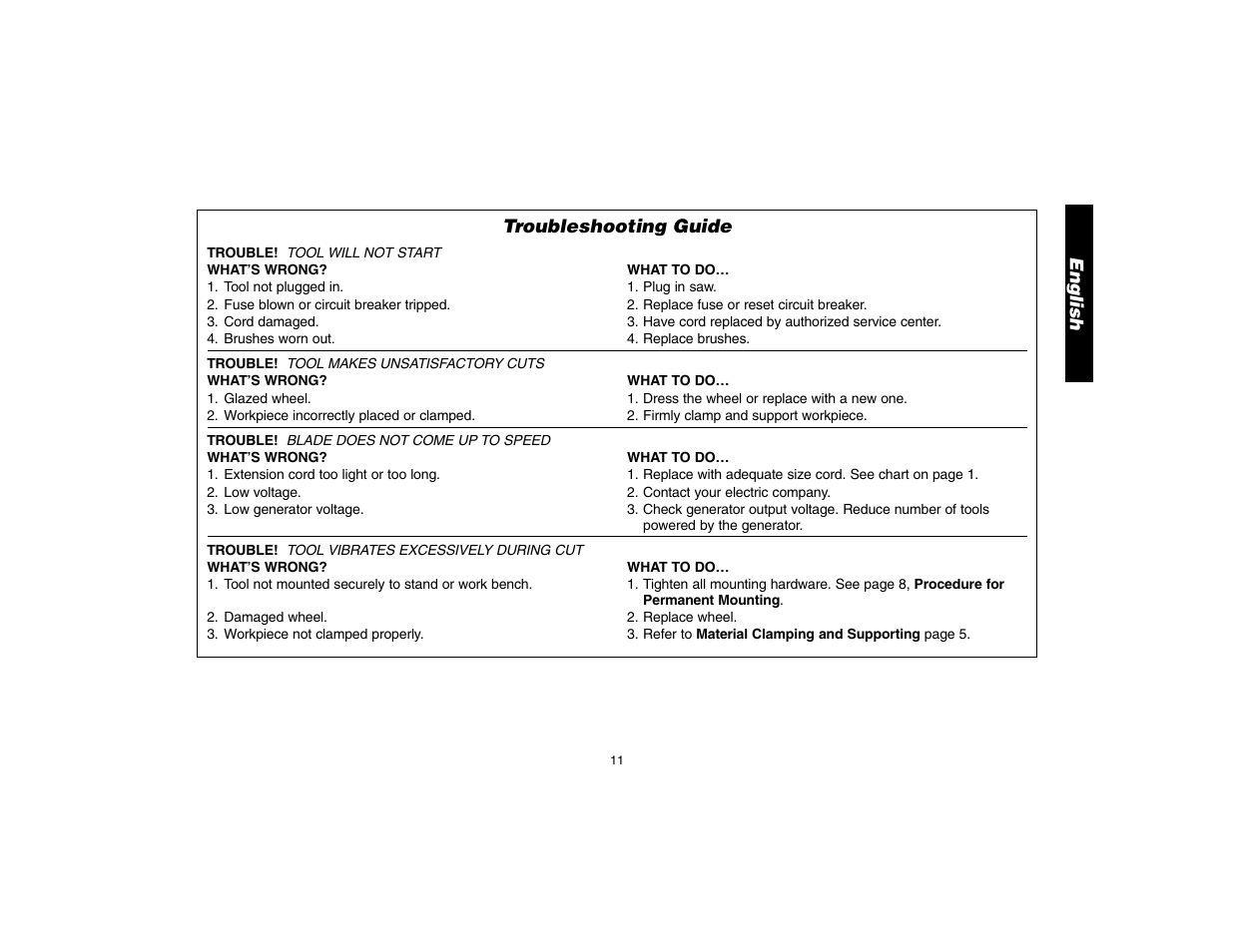 English, Troubleshooting guide | DeWalt D28700 User Manual | Page 13 / 44