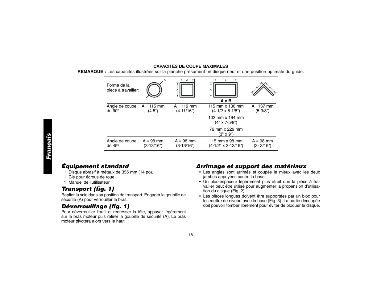 Équipement standard, Transport (fig. 1), Déverrouillage (fig. 1) | Français, Arrimage et support des matériaux | DeWalt D28700 User Manual | Page 20 / 44