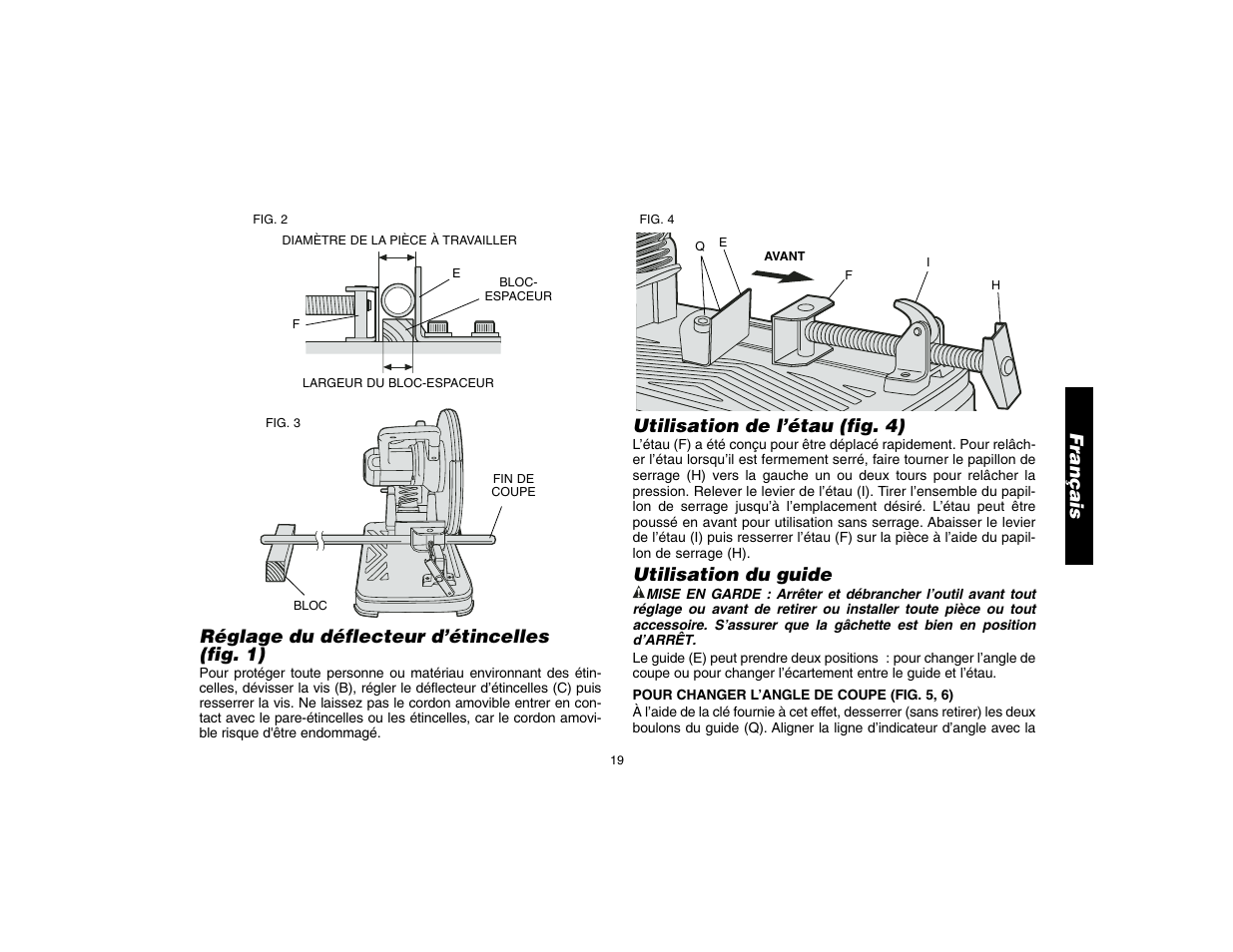 Français utilisation de l’étau (fig. 4), Utilisation du guide, Réglage du déflecteur d’étincelles (fig. 1) | DeWalt D28700 User Manual | Page 21 / 44