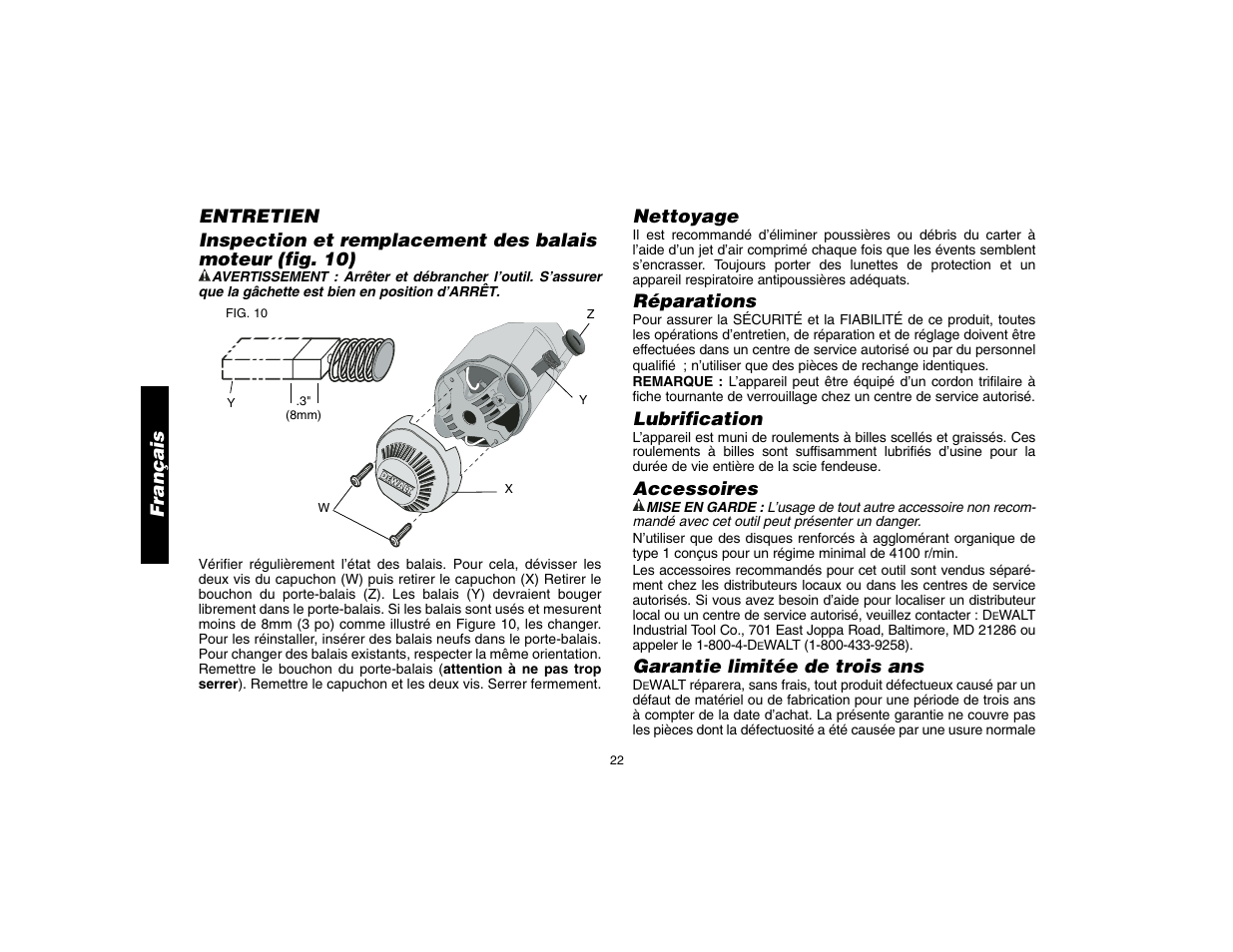 Nettoyage, Réparations, Lubrification | Accessoires, Garantie limitée de trois ans | DeWalt D28700 User Manual | Page 24 / 44