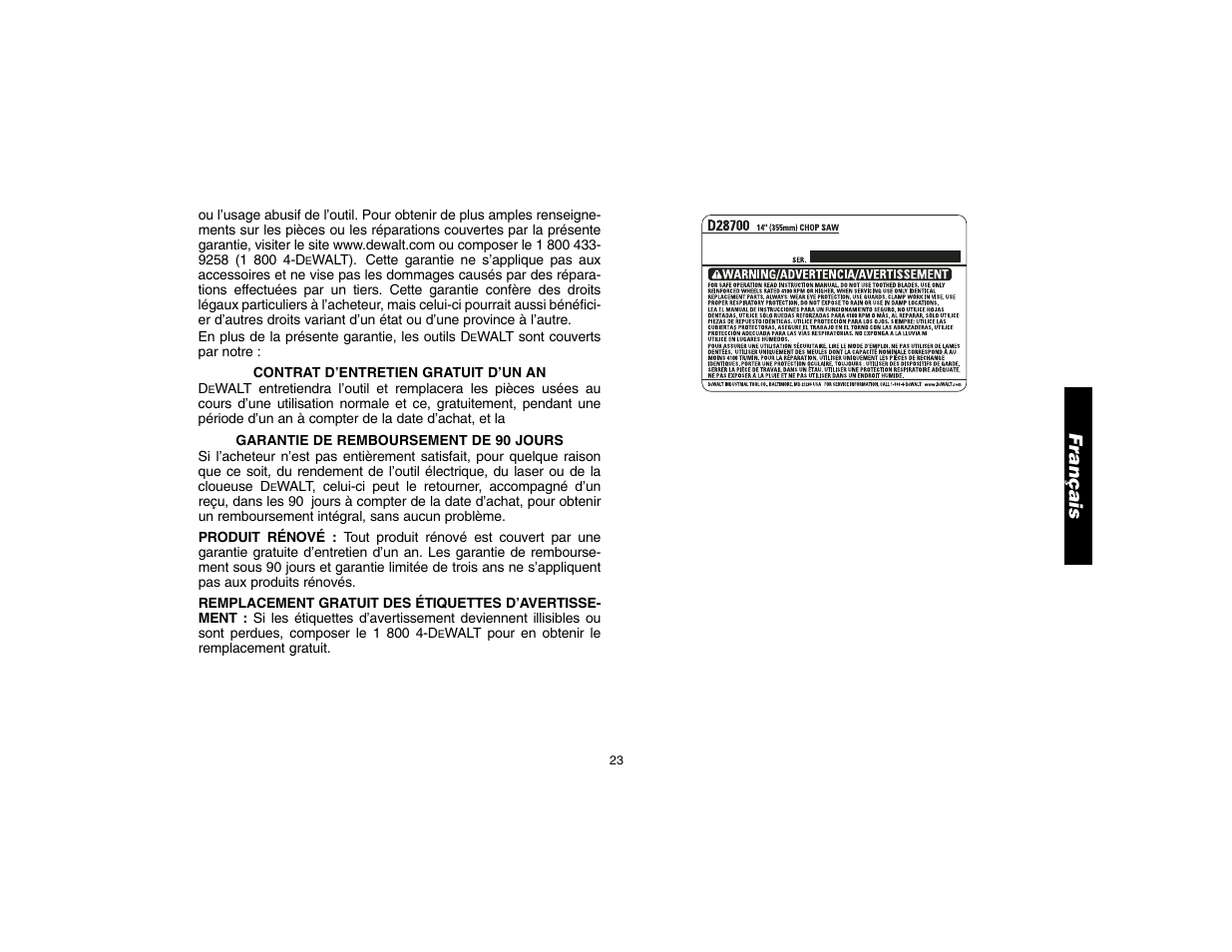 Français | DeWalt D28700 User Manual | Page 25 / 44