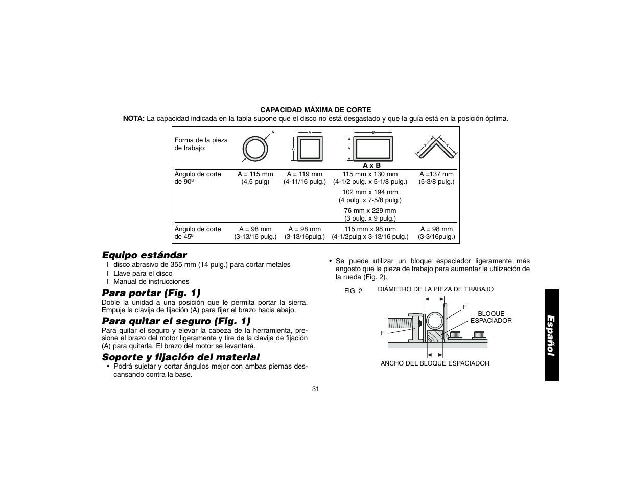 Español, Equipo estándar, Para portar (fig. 1) | Para quitar el seguro (fig. 1), Soporte y fijación del material | DeWalt D28700 User Manual | Page 33 / 44
