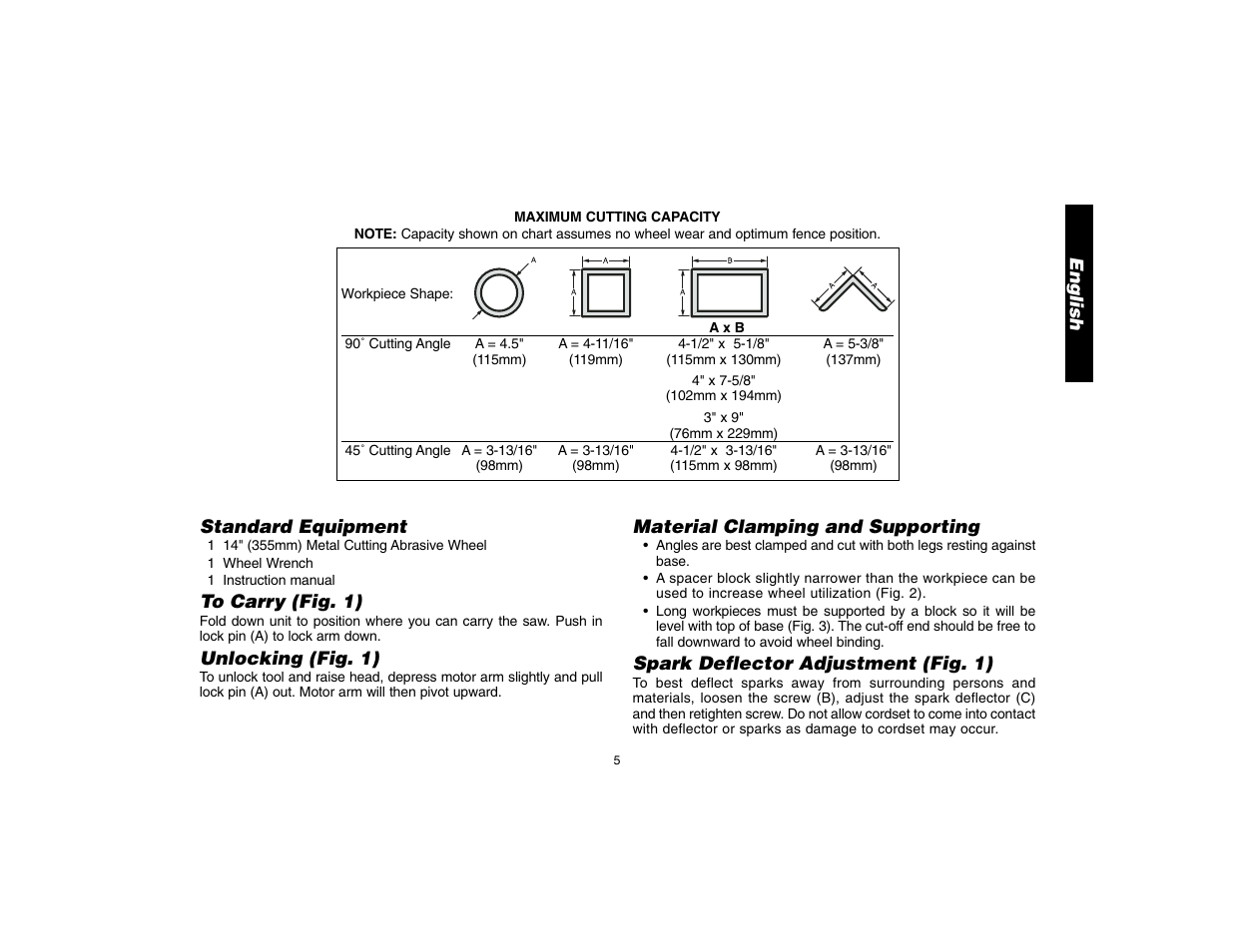 English, Material clamping and supporting, Spark deflector adjustment (fig. 1) | Standard equipment, Unlocking (fig. 1) | DeWalt D28700 User Manual | Page 7 / 44