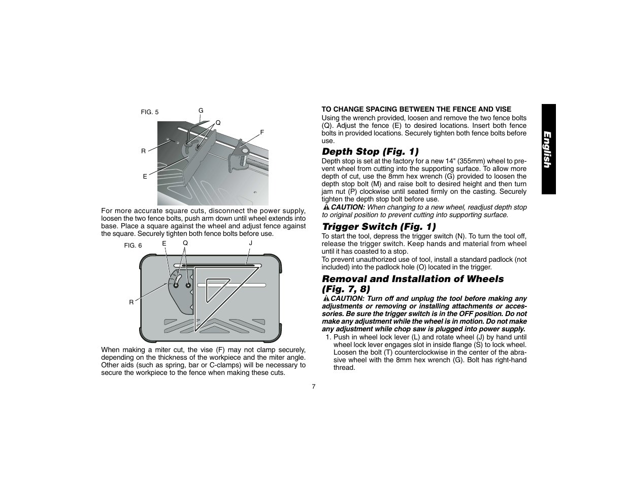 English, Depth stop (fig. 1), Trigger switch (fig. 1) | Removal and installation of wheels (fig. 7, 8) | DeWalt D28700 User Manual | Page 9 / 44
